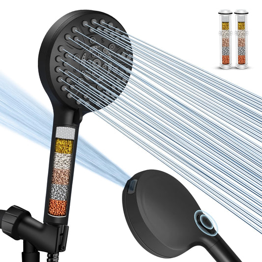 High Pressure 10-Mode Handheld Shower Head - Built in Power Wash for Clean, Replaceable Filter Soften Hard Water Remove Chlorine, 60 Inches Hose, Overhead Bracket, Anti-Clog Nozzle (Matte Black)