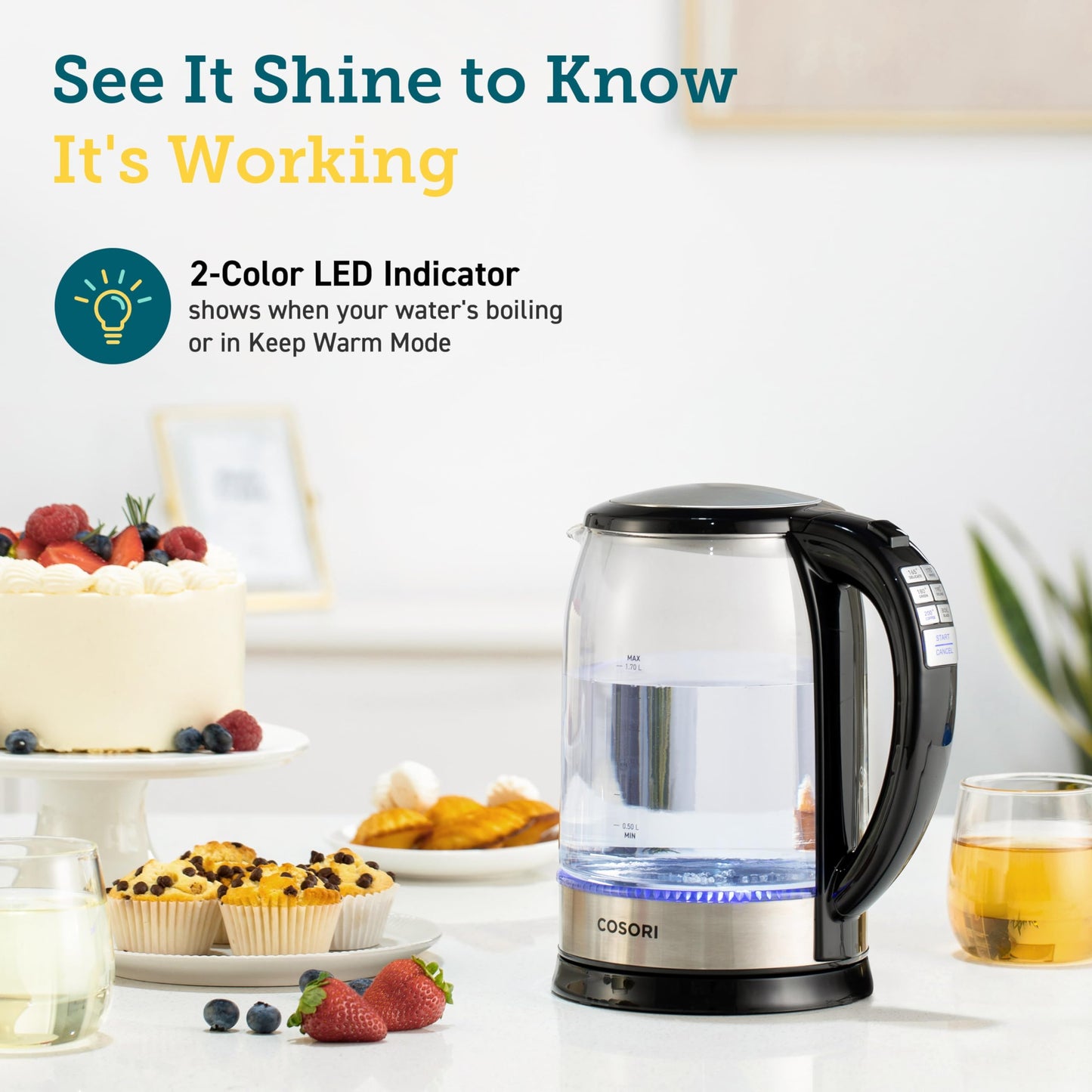 Cosori Electric Kettle, 6 Temperature Presets, 1.7L Glass Tea Kettle, Black