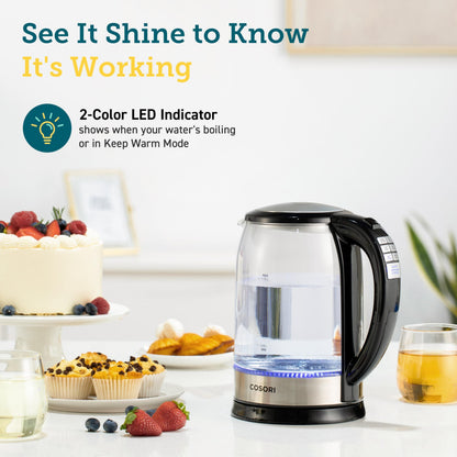 Cosori Electric Kettle, 6 Temperature Presets, 1.7L Glass Tea Kettle, Black