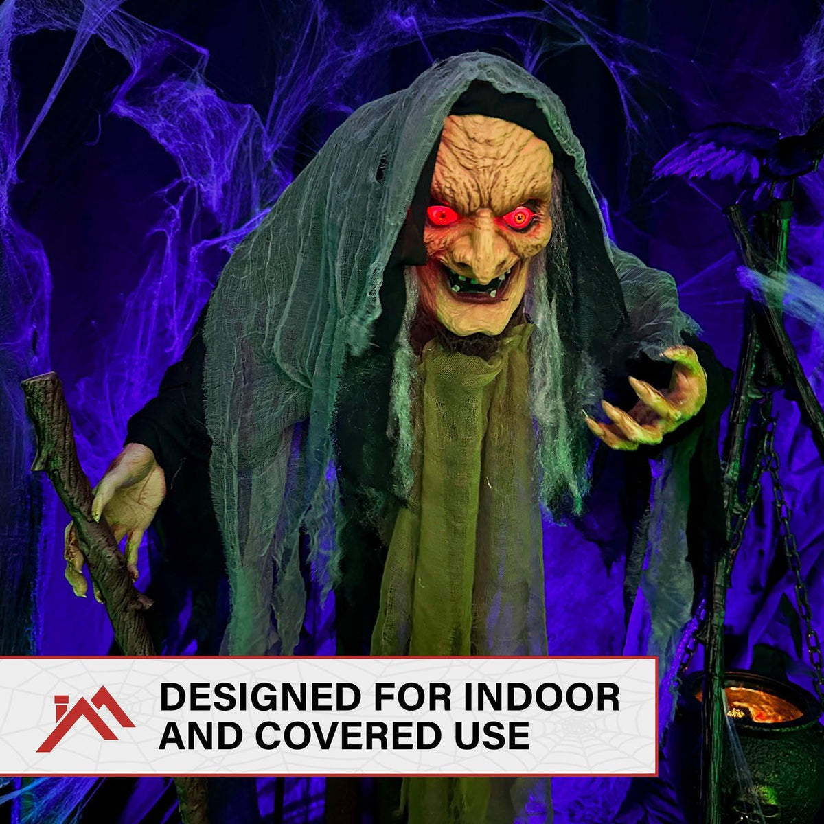 Haunted Hill Farm Life-Size Scary Poseable Talking Witch, Halloween Animatronic with Touch Activated Lights and Sound, Battery Operated Indoor or Covered Outdoor Halloween Decorations, Halloween Prop