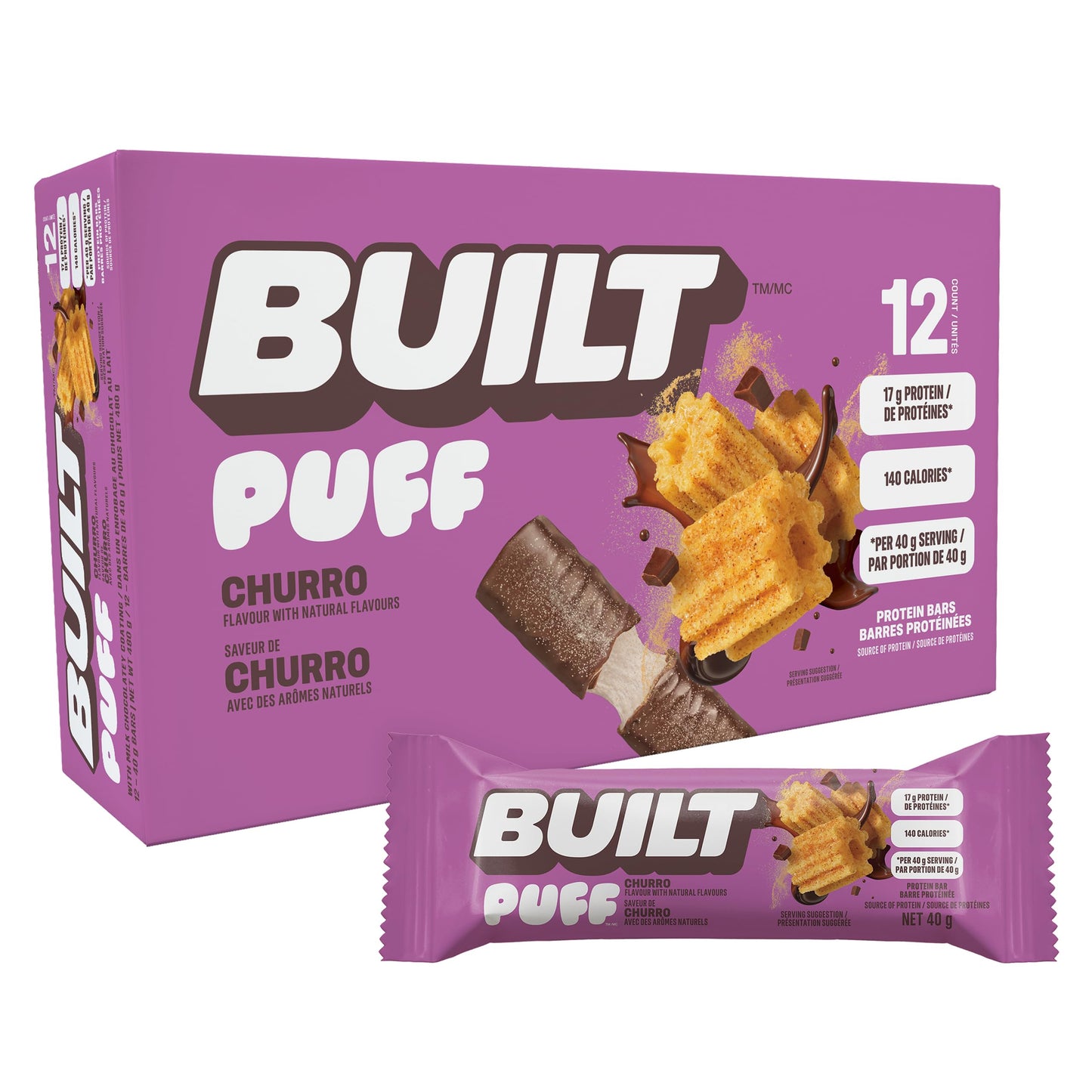 Built Bar 12-Pack Protein Bars - Churro Puff Flavor with Real Chocolate Coating