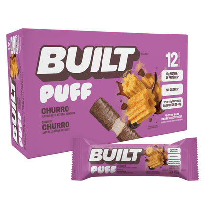 Built Bar 12-Pack Protein Bars - Churro Puff Flavor with Real Chocolate Coating