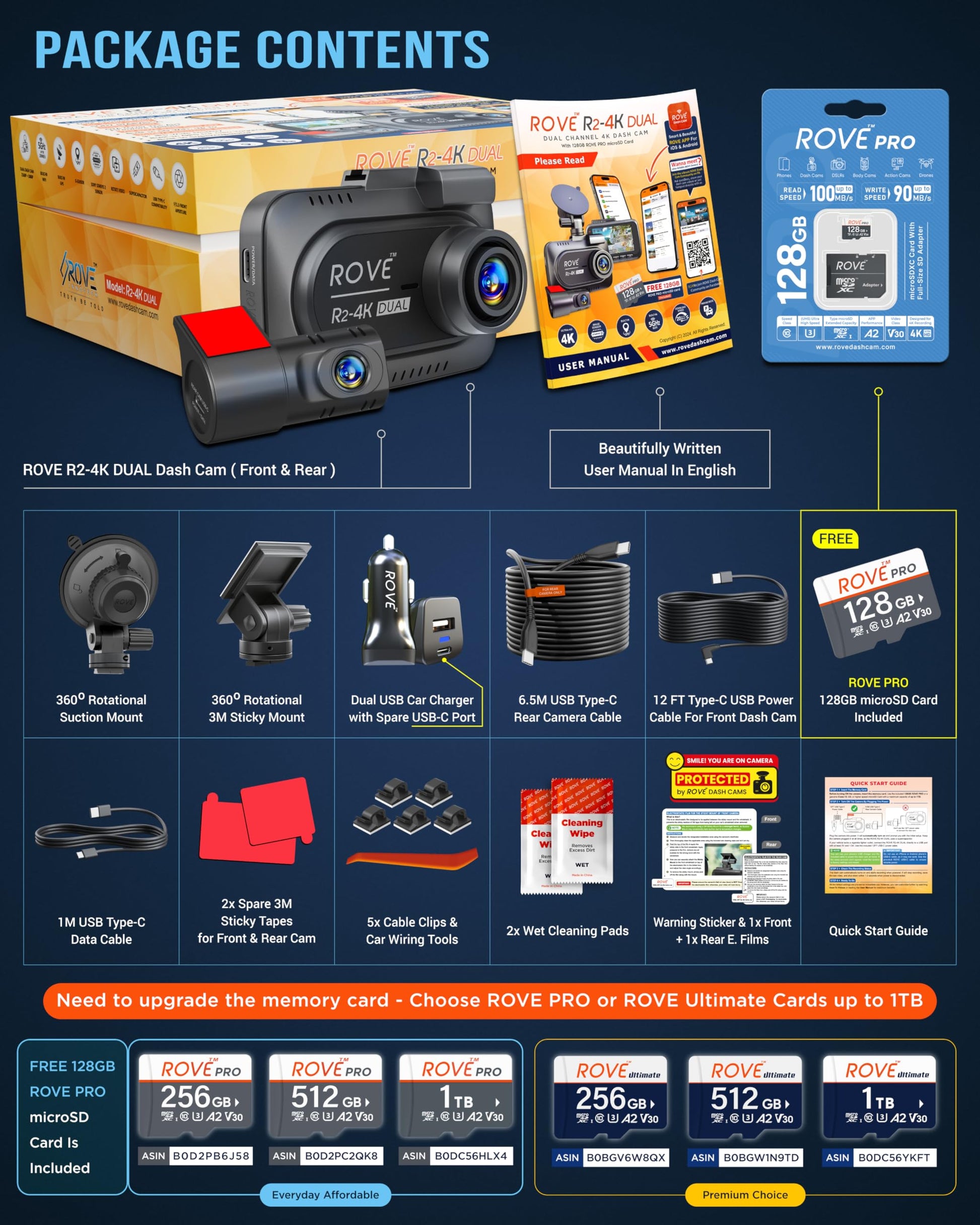 ROVE R2-4K DUAL Dash Cam Front and Rear, STARVIS 2 Sensor, FREE 128GB Card Included, 5G WiFi - up to 20MB/s Fastest Download Speed with App, 4K 2160P/FHD Dash Camera for Cars, 3" IPS, 24H Parking Mode - Available at All In One Marketplace Canada