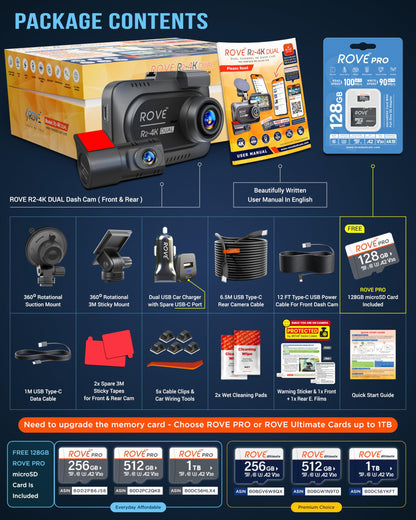 ROVE R2-4K DUAL Dash Cam Front and Rear, STARVIS 2 Sensor, FREE 128GB Card Included, 5G WiFi - up to 20MB/s Fastest Download Speed with App, 4K 2160P/FHD Dash Camera for Cars, 3" IPS, 24H Parking Mode - Available at All In One Marketplace Canada