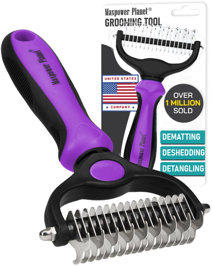 Maxpower Planet Pet Grooming Brush - Double Sided Shedding, Dematting - Undercoat Rake for Dogs - Dog Grooming Brush - Deshedding Brush for Dogs - Dog Brush, Cat Brush, Reduce Shedding by 95%, Purple