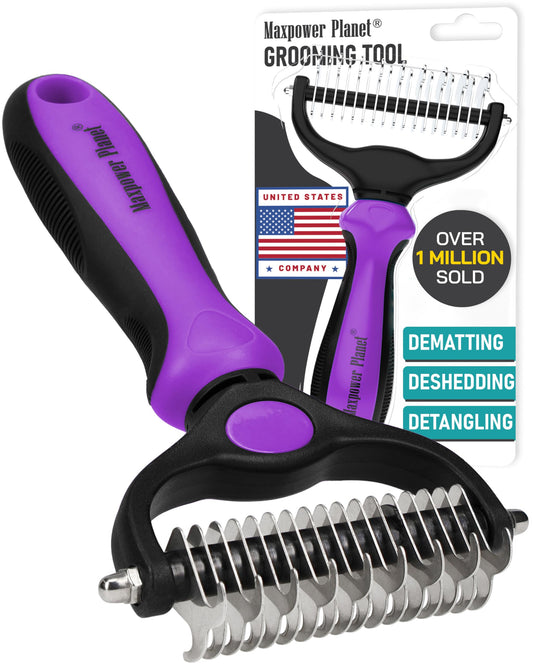 Maxpower Planet Pet Grooming Brush - Double Sided Shedding, Dematting - Undercoat Rake for Dogs - Dog Grooming Brush - Deshedding Brush for Dogs - Dog Brush, Cat Brush, Reduce Shedding by 95%, Purple