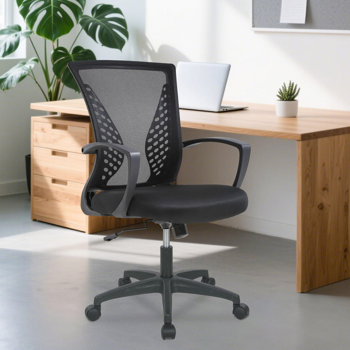 Home Office Chair Mid Back PC Swivel Lumbar Support Adjustable Desk Task Computer Ergonomic Comfortable Mesh Chair with Armrest (Dark Black)