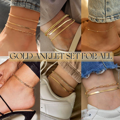 Gold Ankle Bracelets for Women, 14k Gold Plated Waterproof Cuban Link Chain Anklets Set, Layered Anklet Bracelets for Women Beach Gift Adjustable Size 5pc (GOLD-1) - Available at All In One Marketplace Canada