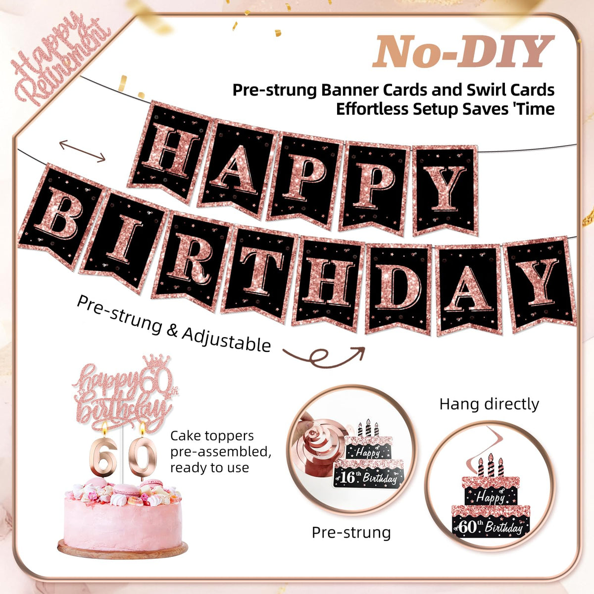 50Pcs 60th Birthday Decorations for Women,Rose Gold Black Pre-Assembled Set 🍁 All In One Marketplace Canada