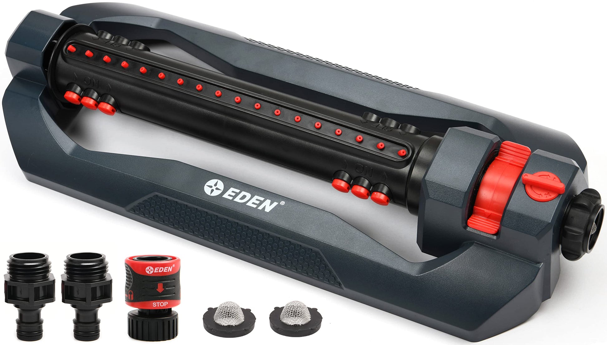 Eden 96212 Turbo Oscillating Sprinkler | Covers Up to 4,400 sq. ft., 18 Precision Nozzles, Adjustable Range, Flow Control, Triple Nozzle Width Switches, Turbo Drive Motor, Quick Connect Bundle Eden
