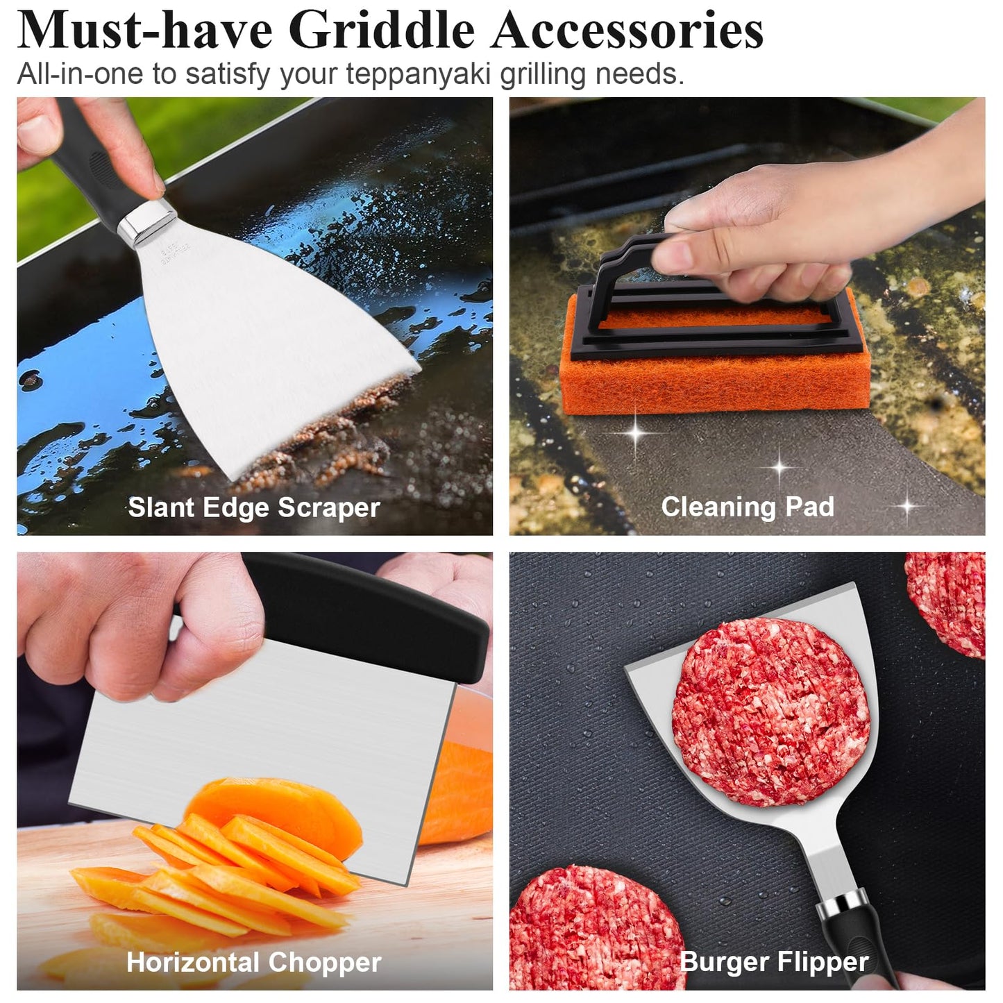 27pcs Griddle Accessories Kit for Blackstone, Professional Hibachi Flat Top Grill Tools, Enlarged Spatula Gift Set with Basting Cover，Burger Press Patty Maker for Outdoor BBQ Teppanyaki