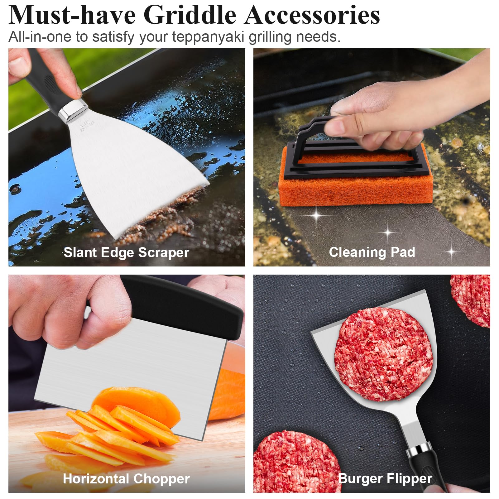 27pcs Griddle Accessories Kit for Blackstone, Professional Hibachi Flat Top Grill Tools, Enlarged Spatula Gift Set with Basting Cover，Burger Press Patty Maker for Outdoor BBQ Teppanyaki
