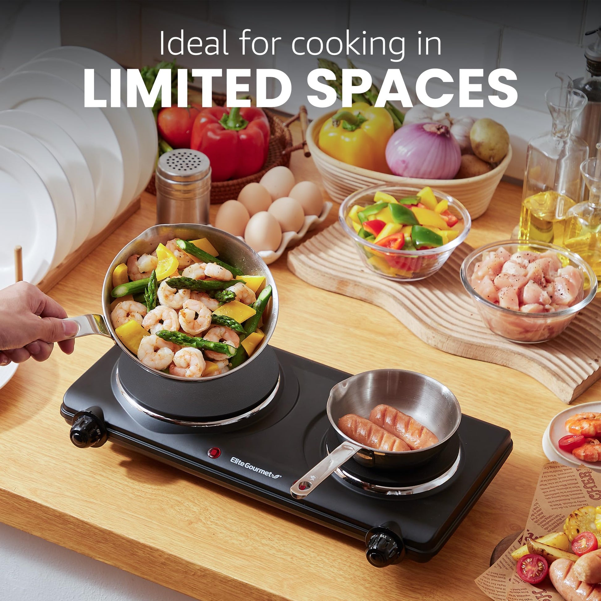Elite Gourmet EDB-302BF# Countertop Double Cast Iron Burner, 1500 Watts Electric Hot Plate, Temperature Controls, Power Indicator Lights, Easy to Clean, Black - Available at All In One Marketplace Canada