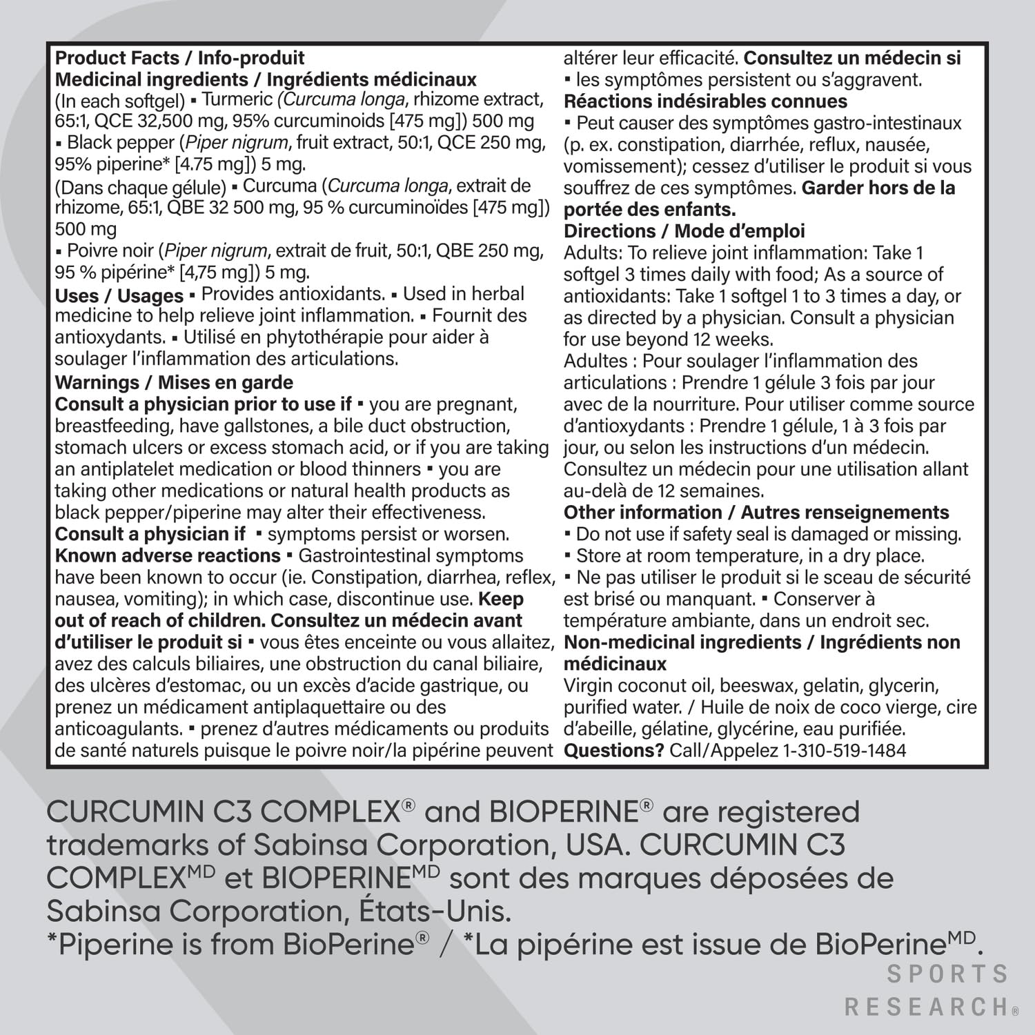 Sports Research® Turmeric Curcumin C3® Complex 500mg, Enhanced with Black Pepper & Organic Coconut Oil for Better Absorption; Non-GMO, Gluten Free & Third-Party Tested - 120 Liquid Softgels - Available at All In One Marketplace Canada