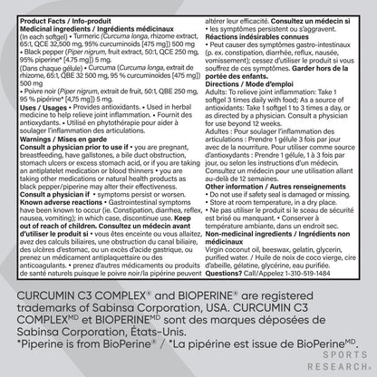 Sports Research® Turmeric Curcumin C3® Complex 500mg, Enhanced with Black Pepper & Organic Coconut Oil for Better Absorption; Non-GMO, Gluten Free & Third-Party Tested - 120 Liquid Softgels - Available at All In One Marketplace Canada