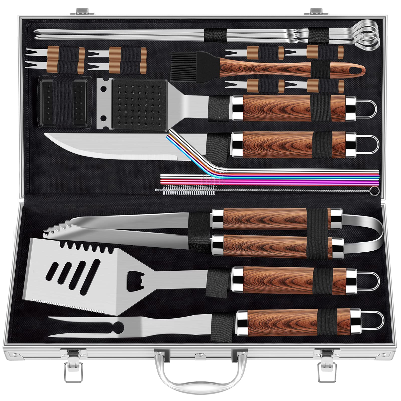 ROMANTICIST 25pcs Extra Thick BBQ Grill Accessories, Father's Day Grilling Gifts Set for Men Dad, Heavy Duty Grill Tools Utensils Kit with Spatula, Tongs in Aluminum Case for Birthday Brown