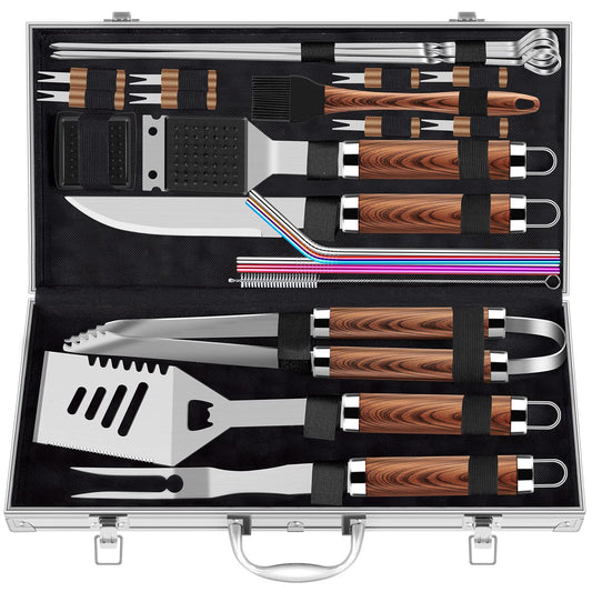 ROMANTICIST 25pcs Extra Thick BBQ Grill Accessories, Father's Day Grilling Gifts Set for Men Dad, Heavy Duty Grill Tools Utensils Kit with Spatula, Tongs in Aluminum Case for Birthday Brown