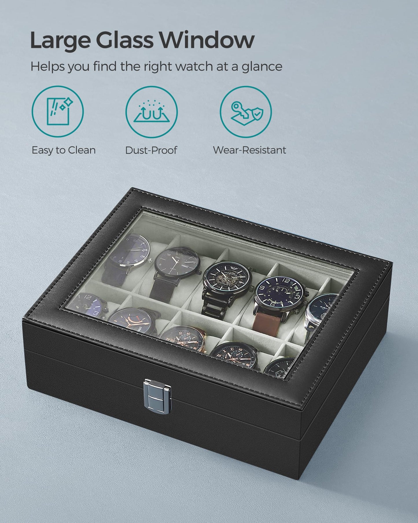 SONGMICS Watch Box, 10-Slot Watch Case Organizer with Large Glass Lid, Removable Pillows, Gift for Loved Ones, Black Synthetic Leather, Gray Lining UJWB010BK SONGMICS