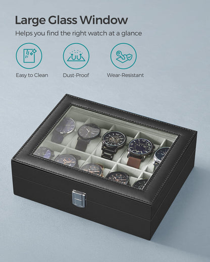 SONGMICS Watch Box, 10-Slot Watch Case Organizer with Large Glass Lid, Removable Pillows, Gift for Loved Ones, Black Synthetic Leather, Gray Lining UJWB010BK SONGMICS