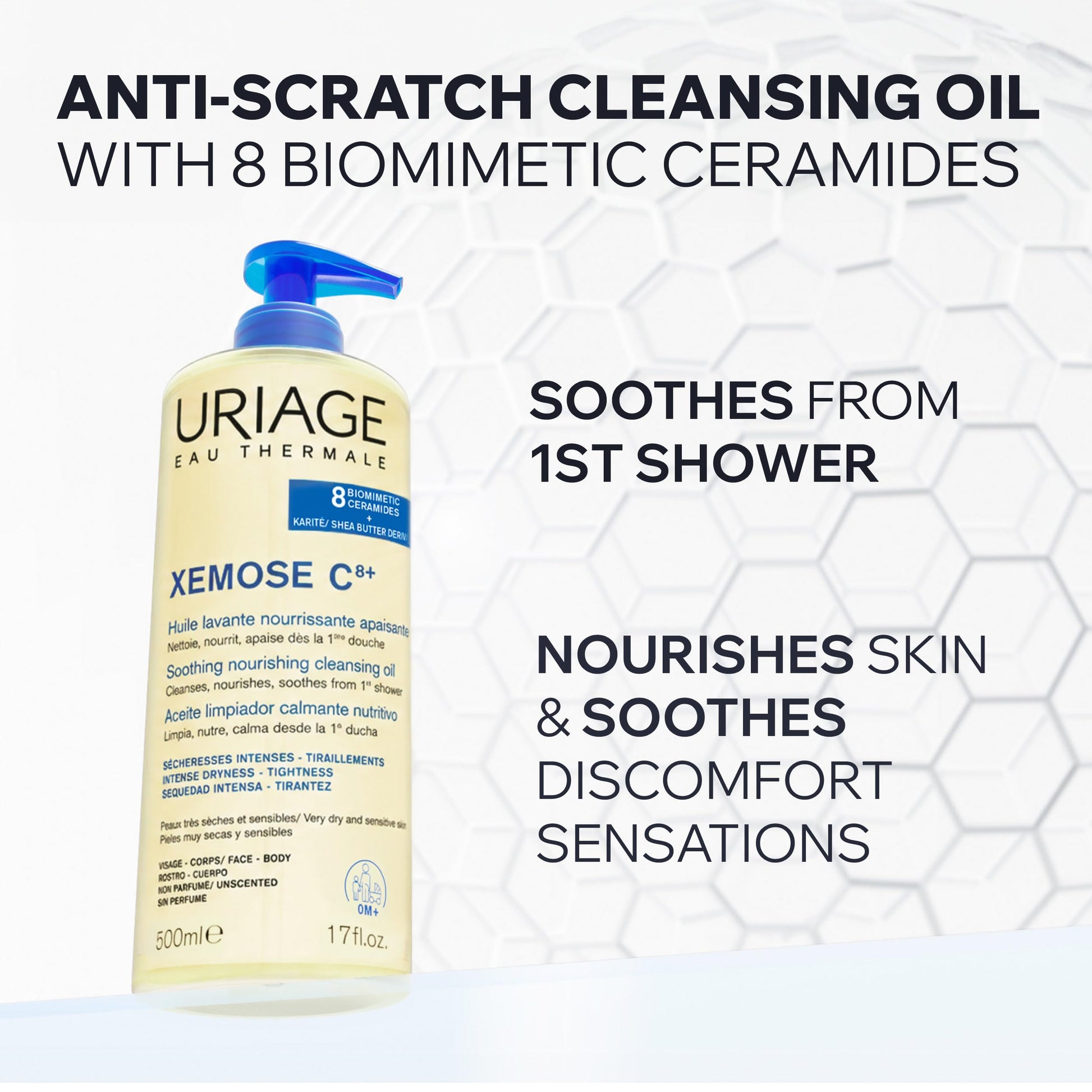 Uriage Xémose Cleansing Soothing Oil - Face & Body Cleanser & Shower Gel - Long-Lasting Comfort For Dry, Sensitive Skin Prone to Atopic Eczema - Soap-free, Fragrance-free For Your Whole Family - 500ml Uriage