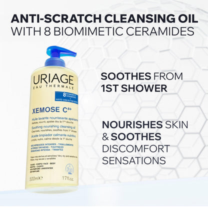 Uriage Xémose Cleansing Soothing Oil - Face & Body Cleanser & Shower Gel - Long-Lasting Comfort For Dry, Sensitive Skin Prone to Atopic Eczema - Soap-free, Fragrance-free For Your Whole Family - 500ml Uriage