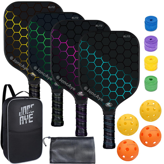 JoncAye Pickleball Paddles Set of 4 Rackets and Balls with Paddle Case, Lead Tape, Ball Bag, Carbon Fiber Pickle-Ball Raquette for Beginner | USAPA Approved Pickleball Equipment with Accessories