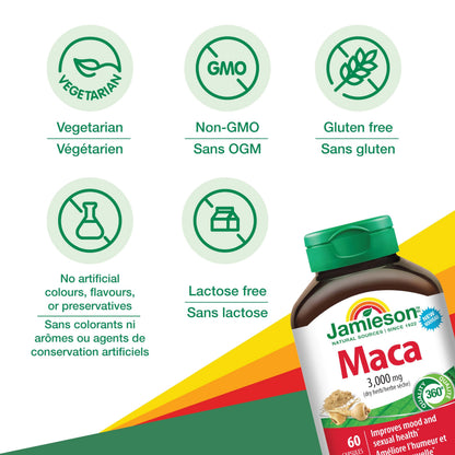 Jamieson High Potency Maca 3,000 mg, Helps to Support Emotional Aspects of Sexual Health and a Healthy Mood Balance. Vegetarian, Non-GMO, Gluten-Free, Only One Per Day, 60 Count