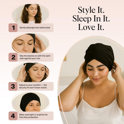 Kitsch Satin Lined Beanie - Softer Than Silk Beanie for Sleeping Women, Breathable Hair Cover for Sleeping, Slouchy Beanies, Bonnets for Women, Hair Wrap, Reduce Breakage for Frizz-Free Hairs - Black - Available at All In One Marketplace Canada