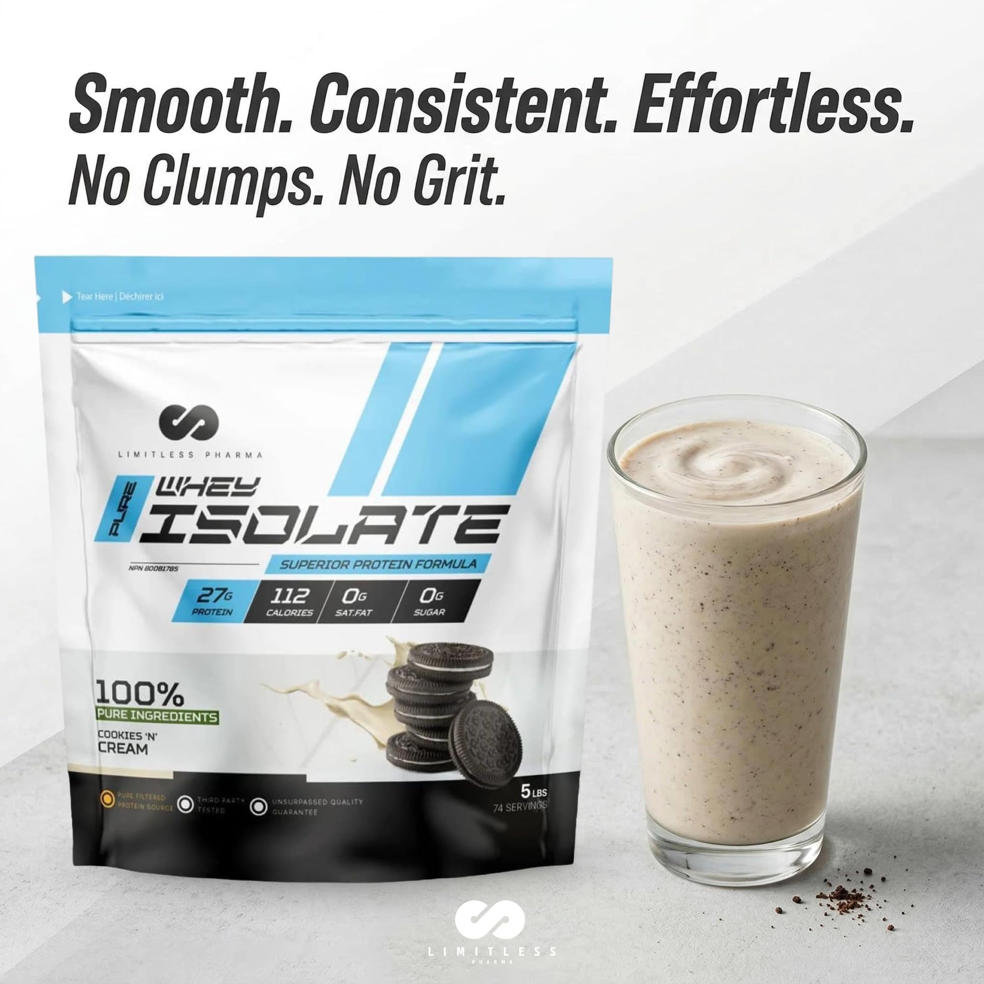 Limitless Pharma Pure Whey Isolate | High Protein Whey Isolate Powder | 27g Protein, 6g BCAAs, Sugar Free, Gluten Free, Low Carb, Low Lactose | 30 Servings, 2LB (Vanilla) - Available at All In One Marketplace Canada