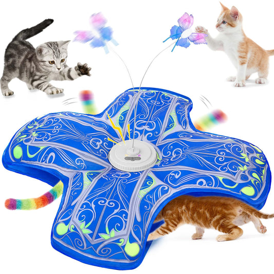 Qraxond Interactive Cat Toys for Indoor Cats,[Newly Upgraded] Rechargeable Touch Activated Hide and Seek Kitten Toy with Fluttering (Blue Cover Cloth Toy)