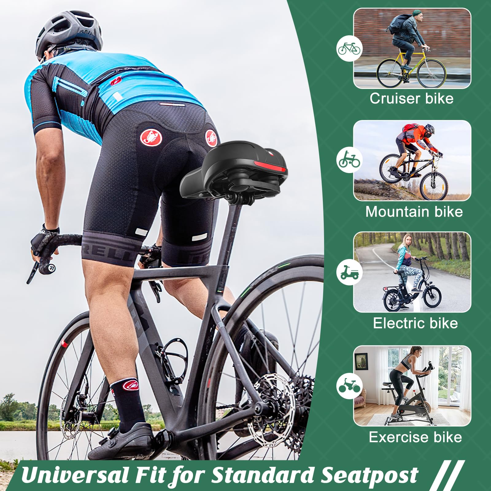 Comfortable Bike Seat for Men Women with Dual Shock Absorbing Ball Waterproof Wide Bicycle Saddle Fit for Most Standard Post