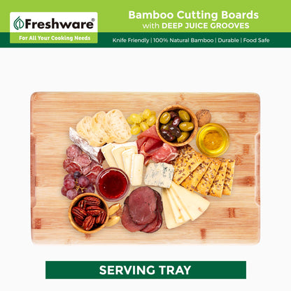 Freshware Wood Cutting Boards for Kitchen - Bamboo Cutting Board Set of 3, Cutting Boards with Juice Grooves, Serving Board Set, Chopping Board for Meat, Veggie, Easy Grip Handle (9x6, 12x8, 15x10)