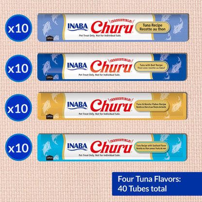Friandises pour chats INABA Churu, friandises crémeuses et léchables en purée, à presser, avec extrait de thé vert et taurine, 14 grammes par tube, 40 tubes, boîte de variétés au thon