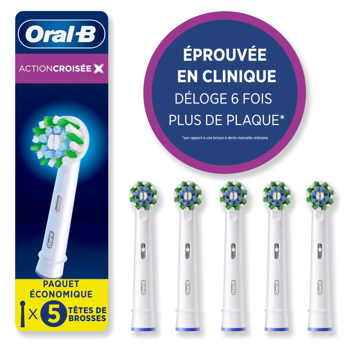 Oral-B Genuine Replacement Brush Heads, Cross Action, Refills For Oral-B Electric Toothbrushes, White, 5 Count