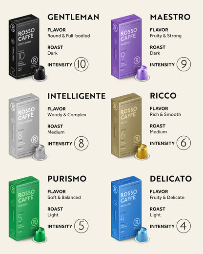ROSSO CAFFÈ 120 Espresso Coffee Pods for Nespresso Original Machines - Premium Capsules Variety Value Pack 6 Flavors, Rich Breakfast to Intense Roasts