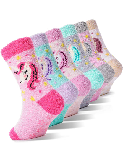 Girls Kids Toddler Fuzzy Slipper Socks Grips Non Slip Socks Winter Warm Fluffy Thick Crew Hosptial Comfy Sherpa Fleece Gripper Gift Socks Christmas Stocking Stuffers 6 Pairs(Pink Unicorn,4-7 Y) 🍁 All In One Marketplace Canada