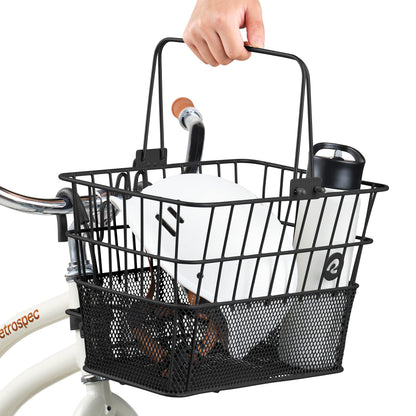 Retrospec Apollo Detachable Front Bike Basket Steel Half-Mesh with Integrated Detachable Hooks and Built-in Handle, Easy Assembly and Portability for Bicycles Retrospec