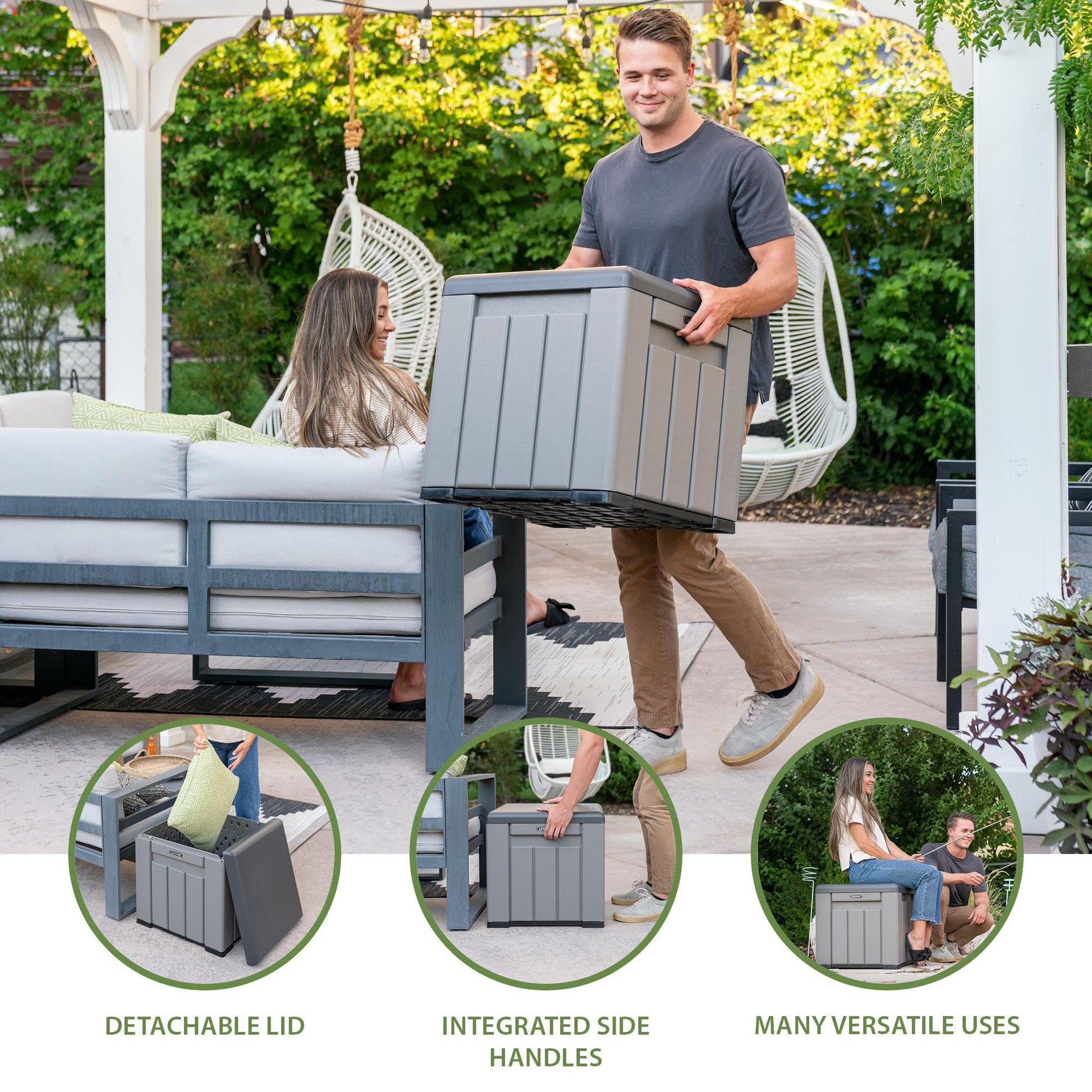 LIFETIME 25 Gallon Outdoor Storage Cube, Deckbox, Brown lid, Storage Box for Gardening Tools, Pool Supplies, Patio Furniture & More LIFETIME