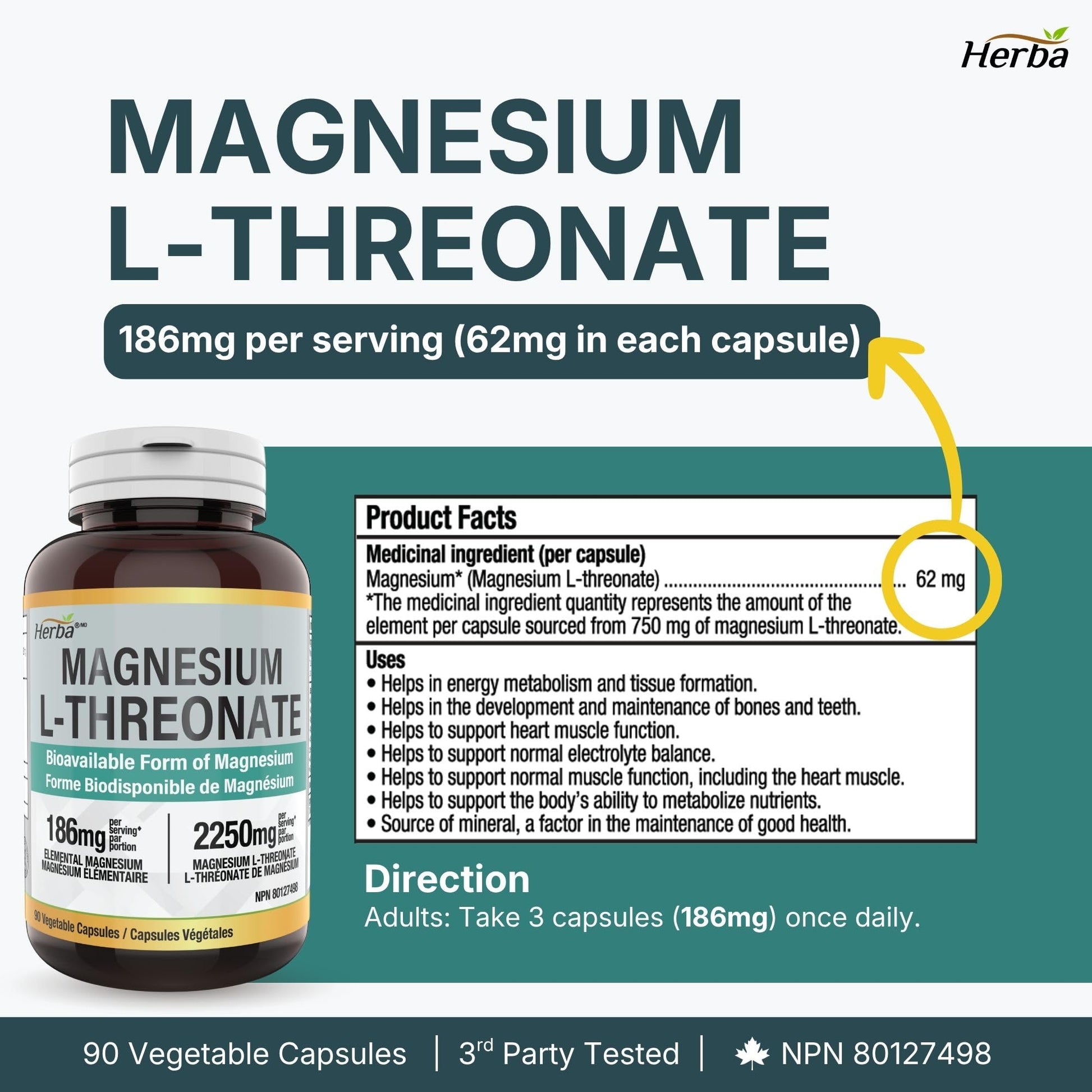 Herba Magnesium L-Threonate – 2,250mg of Magnesium L Threonate Per Serving (3 Capsules) - 186mg of Elemental Magnesium | Bioavailable Form of Magnesium Supplement | 90 Vegetable Capsules | Made in Canada - Available at All In One Marketplace Canada