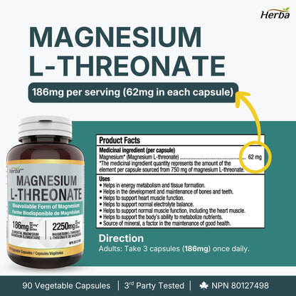 Herba Magnesium L-Threonate – 2,250mg of Magnesium L Threonate Per Serving (3 Capsules) - 186mg of Elemental Magnesium | Bioavailable Form of Magnesium Supplement | 90 Vegetable Capsules | Made in Canada - Available at All In One Marketplace Canada