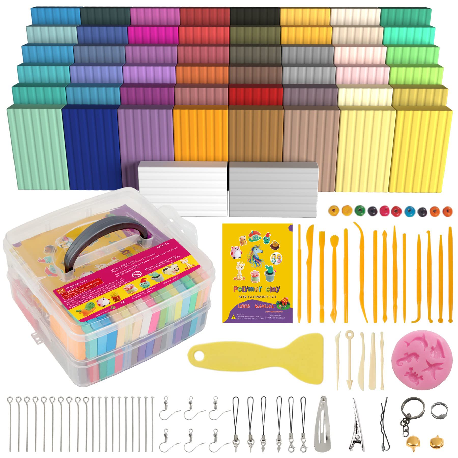 Polymer Clay 50 Colors, Modeling Clay for Kids DIY Starter Kits, Oven Baked Model Clay, Non-Sticky Molding Clays with Sculpting Tools, Gift for Children and Artists - Available at All In One Marketplace Canada