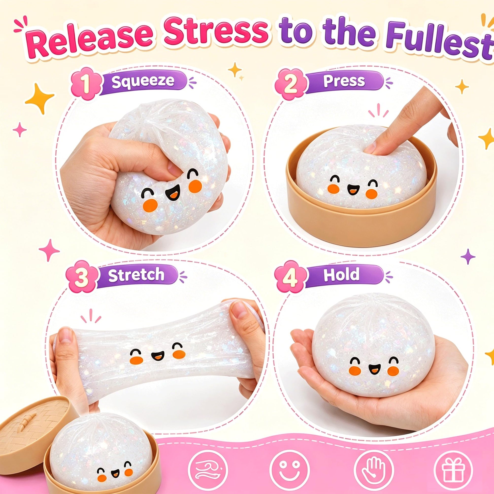 Glitter Dumpling Squishy, Colorful Mystery Dumpling Squishy Surprise Stress Relief, Cute Soft Squeeze Decompression Dough with Steamer (1pcs-White) - Available at All In One Marketplace Canada