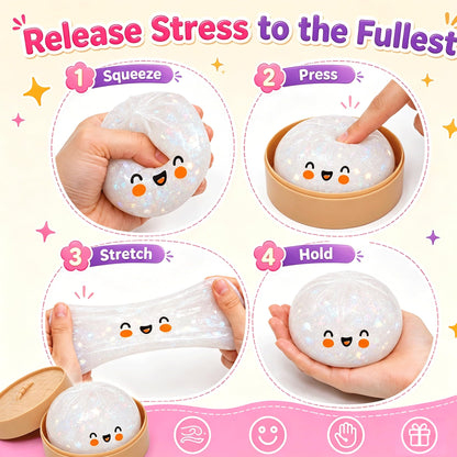 Glitter Dumpling Squishy, Colorful Mystery Dumpling Squishy Surprise Stress Relief, Cute Soft Squeeze Decompression Dough with Steamer (1pcs-White) - Available at All In One Marketplace Canada