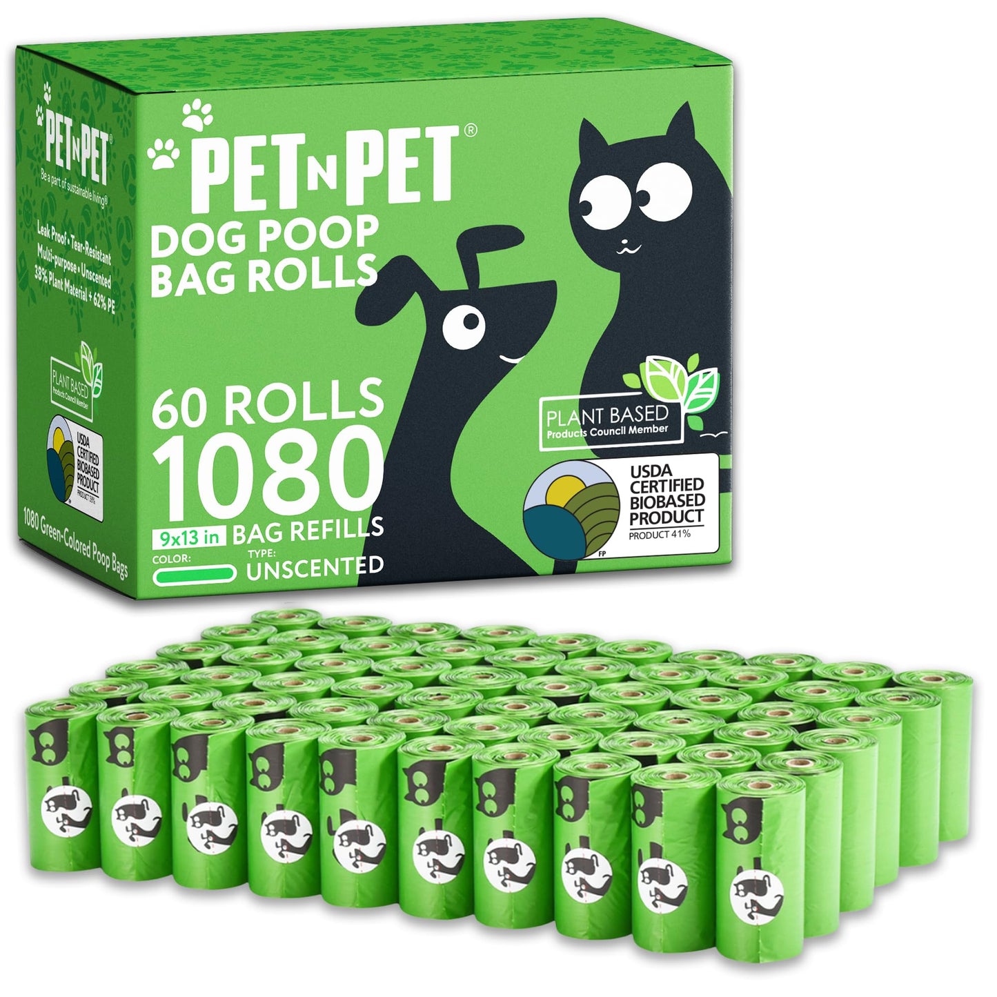 Pet N Pet Dog Poop Bags - USDA Certified 41% Plant-Based Doggy Poop Bags - Leak-Proof Sac Caca Chien Refill Rolls (1080 Count, Unscented, Green)