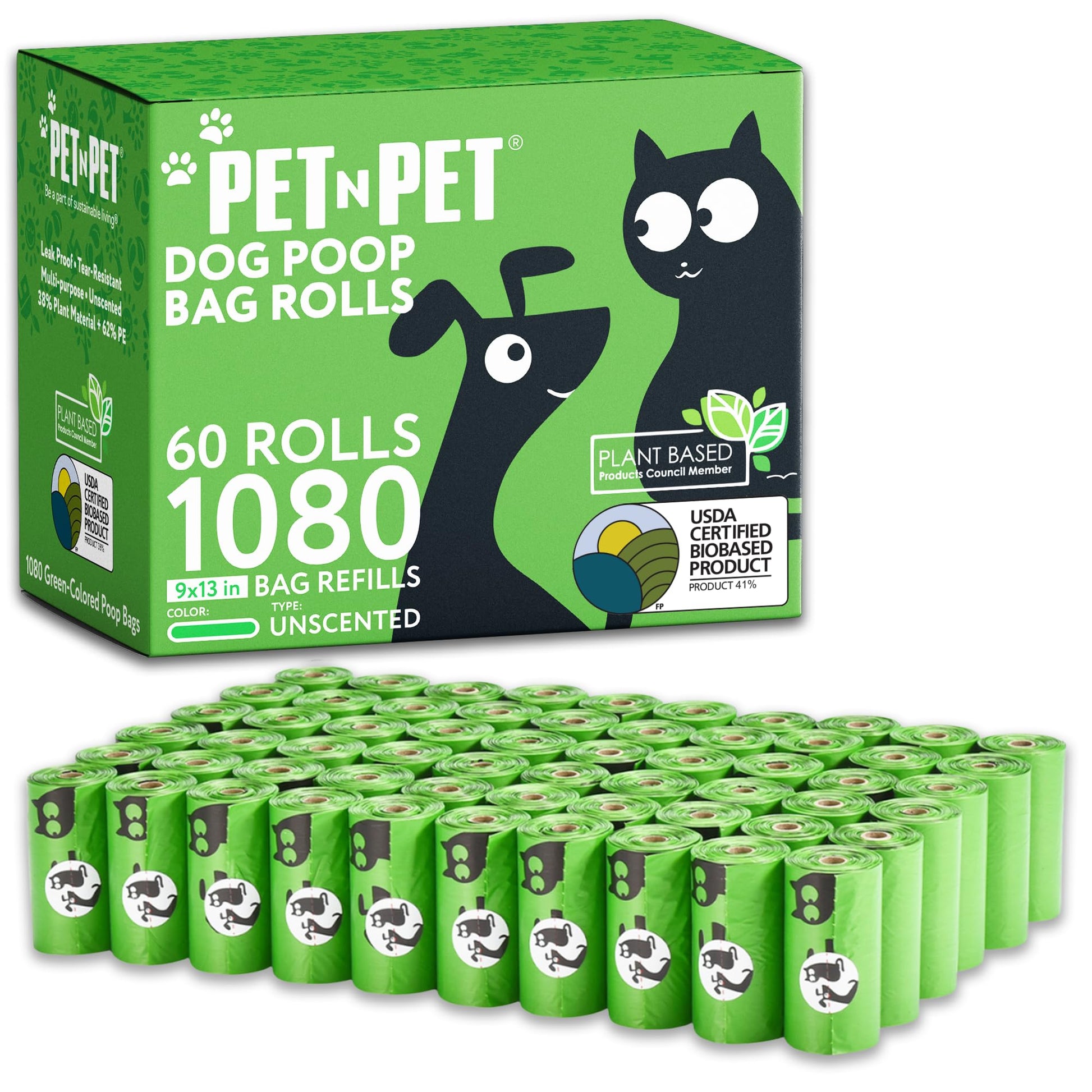 Pet N Pet Dog Poop Bags - USDA Certified 41% Plant-Based Doggy Poop Bags - Leak-Proof Sac Caca Chien Refill Rolls (1080 Count, Unscented, Green)