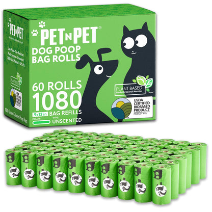 Pet N Pet Dog Poop Bags - USDA Certified 41% Plant-Based Doggy Poop Bags - Leak-Proof Sac Caca Chien Refill Rolls (1080 Count, Unscented, Green)