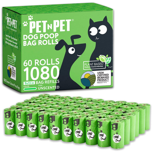 Pet N Pet Dog Poop Bags - USDA Certified 41% Plant-Based Doggy Poop Bags - Leak-Proof Sac Caca Chien Refill Rolls (1080 Count, Unscented, Green)