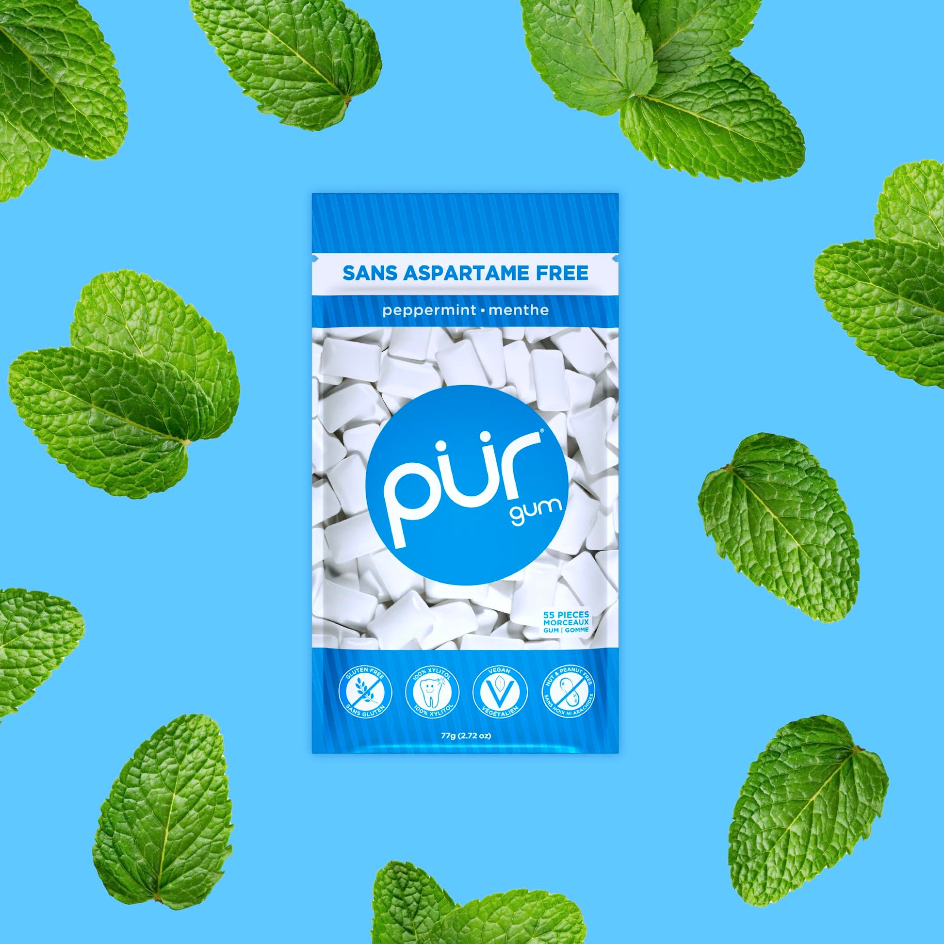 PUR Gum | Aspartame Free Chewing Gum | 100% Xylitol | Natural Peppermint Flavoured Gum, 55 Pieces (Pack of 6) - Available at All In One Marketplace Canada