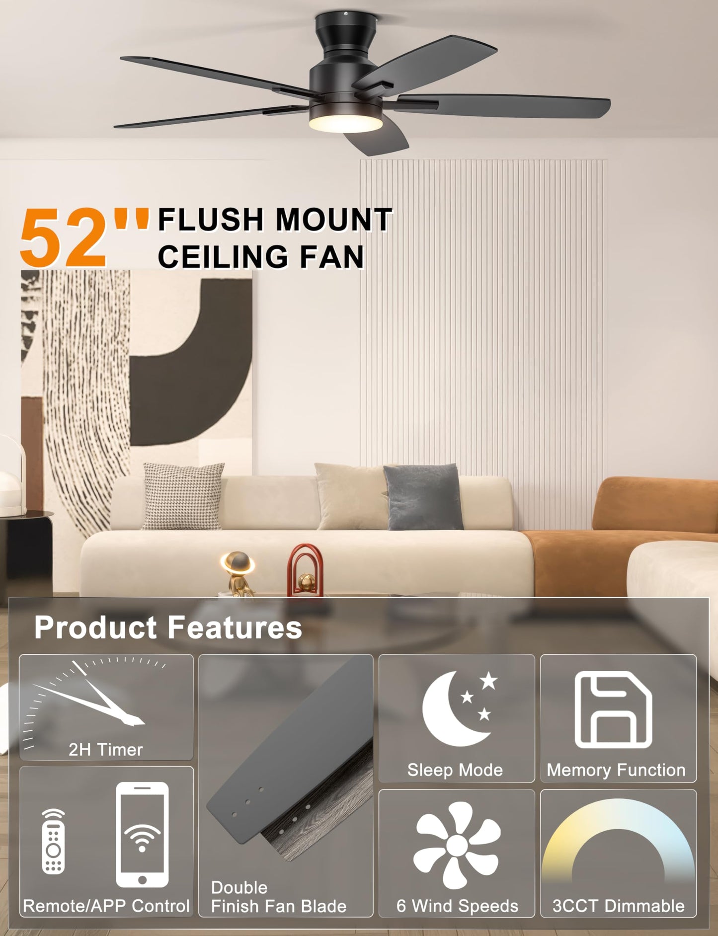 Ohniyou 52'' Ceiling Fan with Lights: Smart Fan with remote & APP Control - Low Profile Ceiling Fan with Quiet Performance - Flush Mount Outdoor Ceiling Fan (Black) - Available at All In One Marketplace Canada