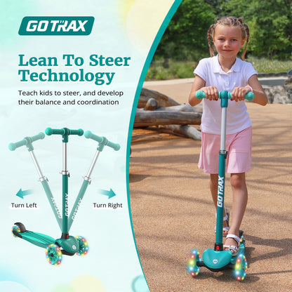Gotrax KS1 Kids Kick Scooter, LED Lighted Wheels and 3 Adjustable Height Handlebars, Lean-to-Steer & Widen Anti-Slip Deck, 3 Wheel Scooter for Boys & Girls Ages 3+ and up to 100 Lbs (Green)